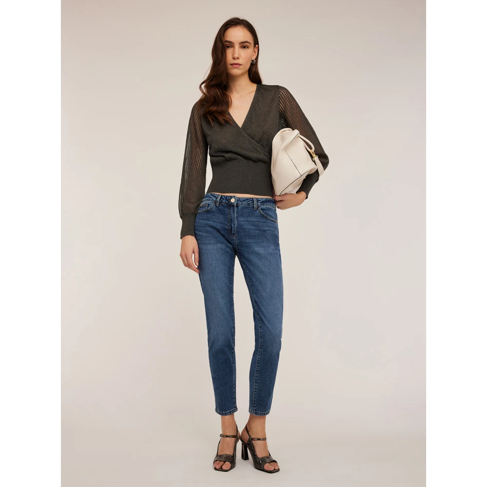 Motivi Trui met crossover en geperforeerde mouwen Gray Dames