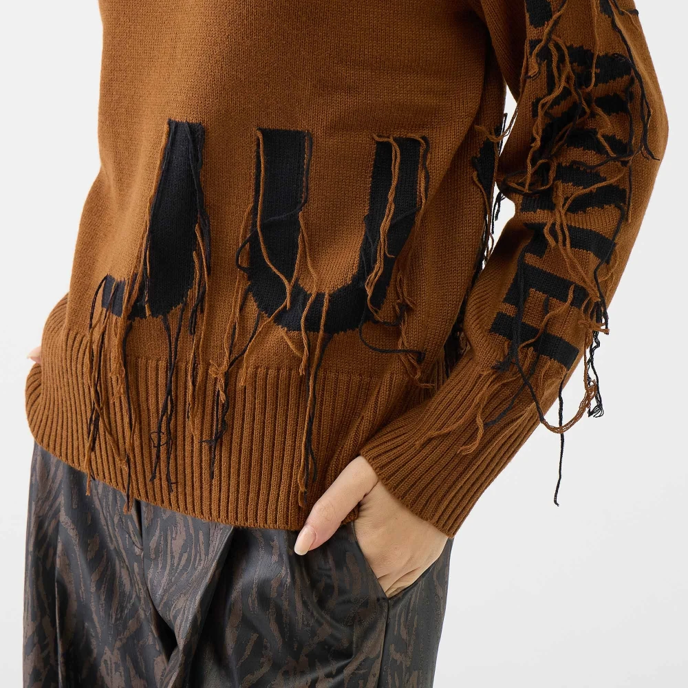 Just Cavalli Logo Fringe Trui Tabak Zwart Brown Dames