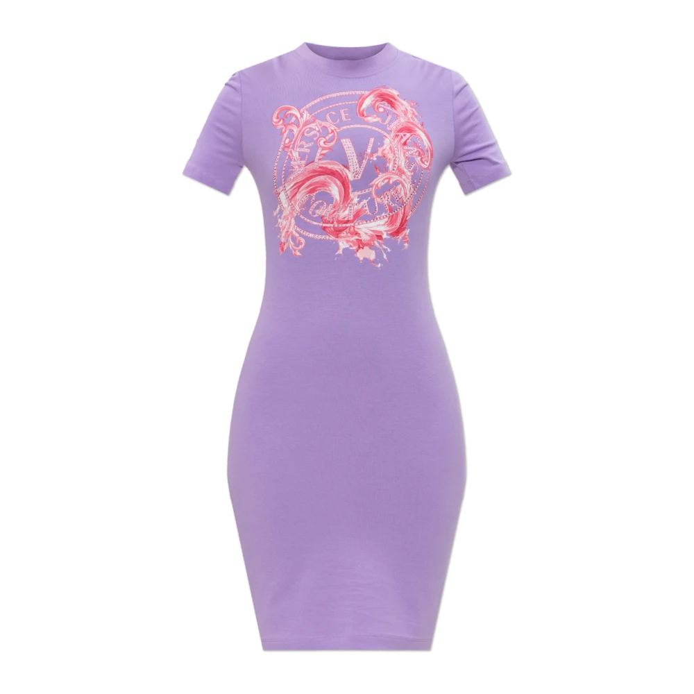 Versace Jeans Couture Vrouw Purper Kleedjes Dames, Paars, Xs, Pailletten, Jurk Met Print En Glinsterende Pailletten