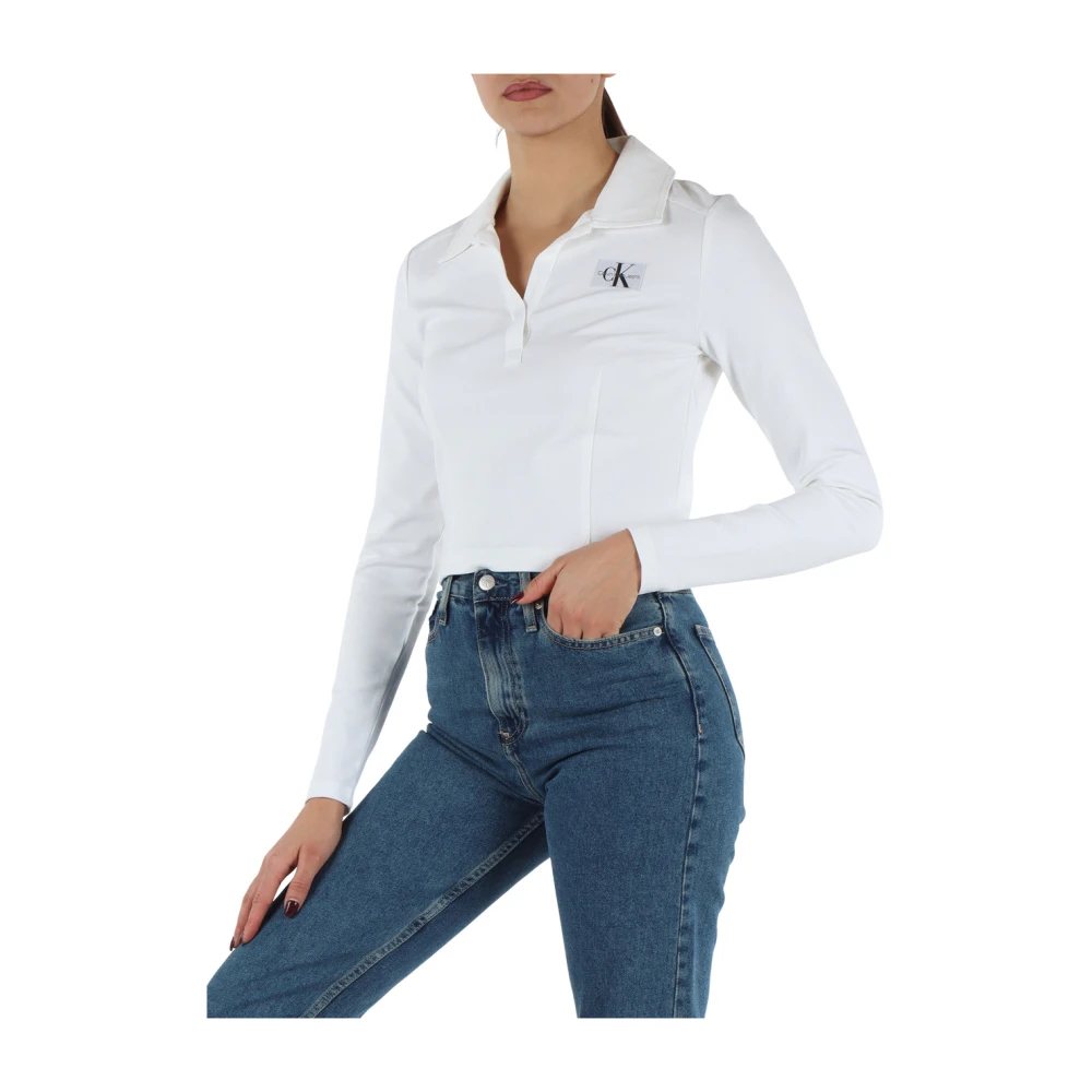 Calvin Klein Jeans Logo Patch V-Hals Polo van Viscose Mix White Dames