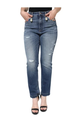 HighWaist Distressed Jeans med Pärldetaljer