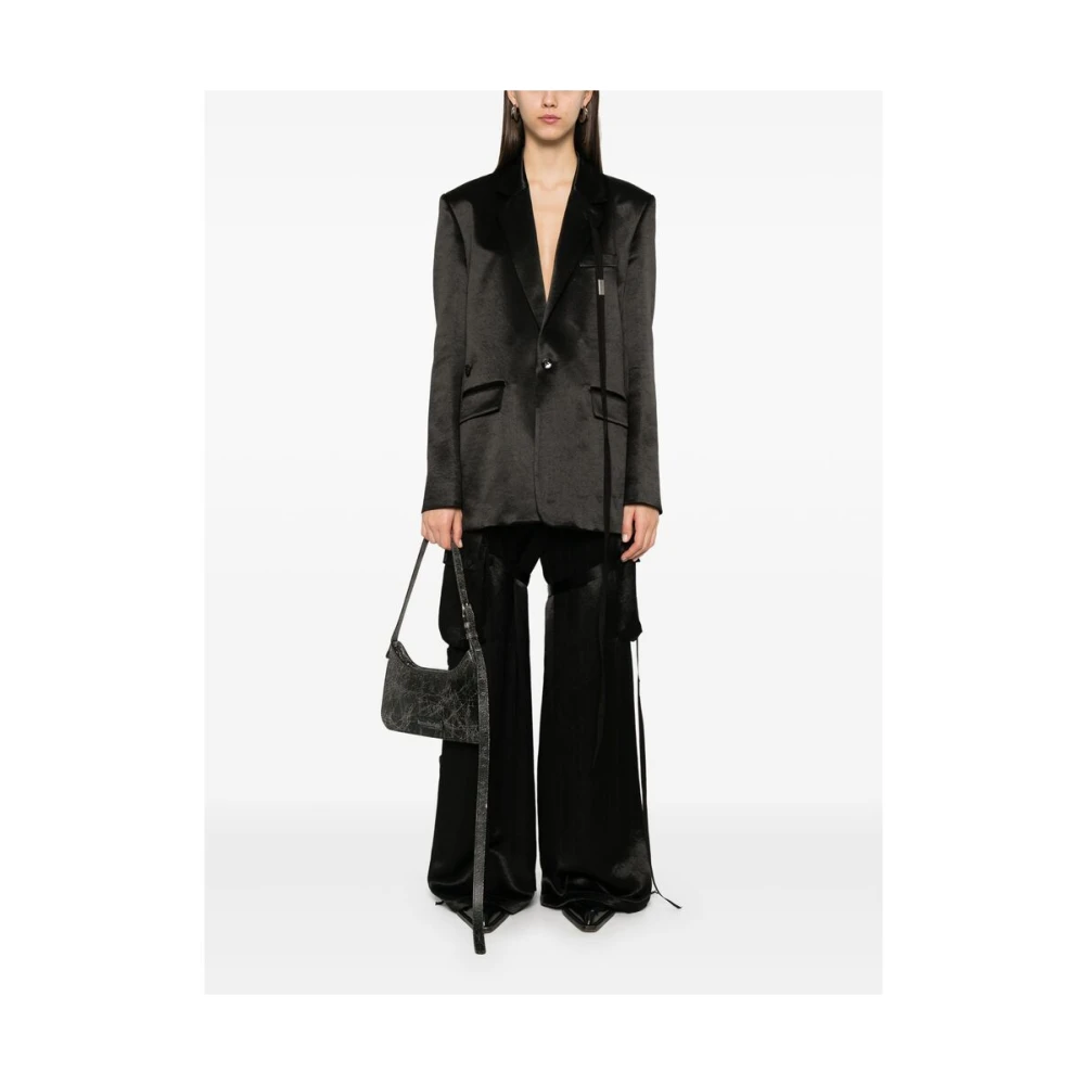 Ann Demeulemeester Zwarte Satijnen Finish Jas met Banddetail Black Dames