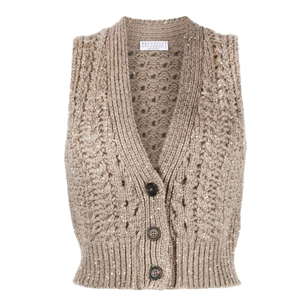 BRUNELLO CUCINELLI Kasjmier Paillet Beige Sweater Vest Beige Dames