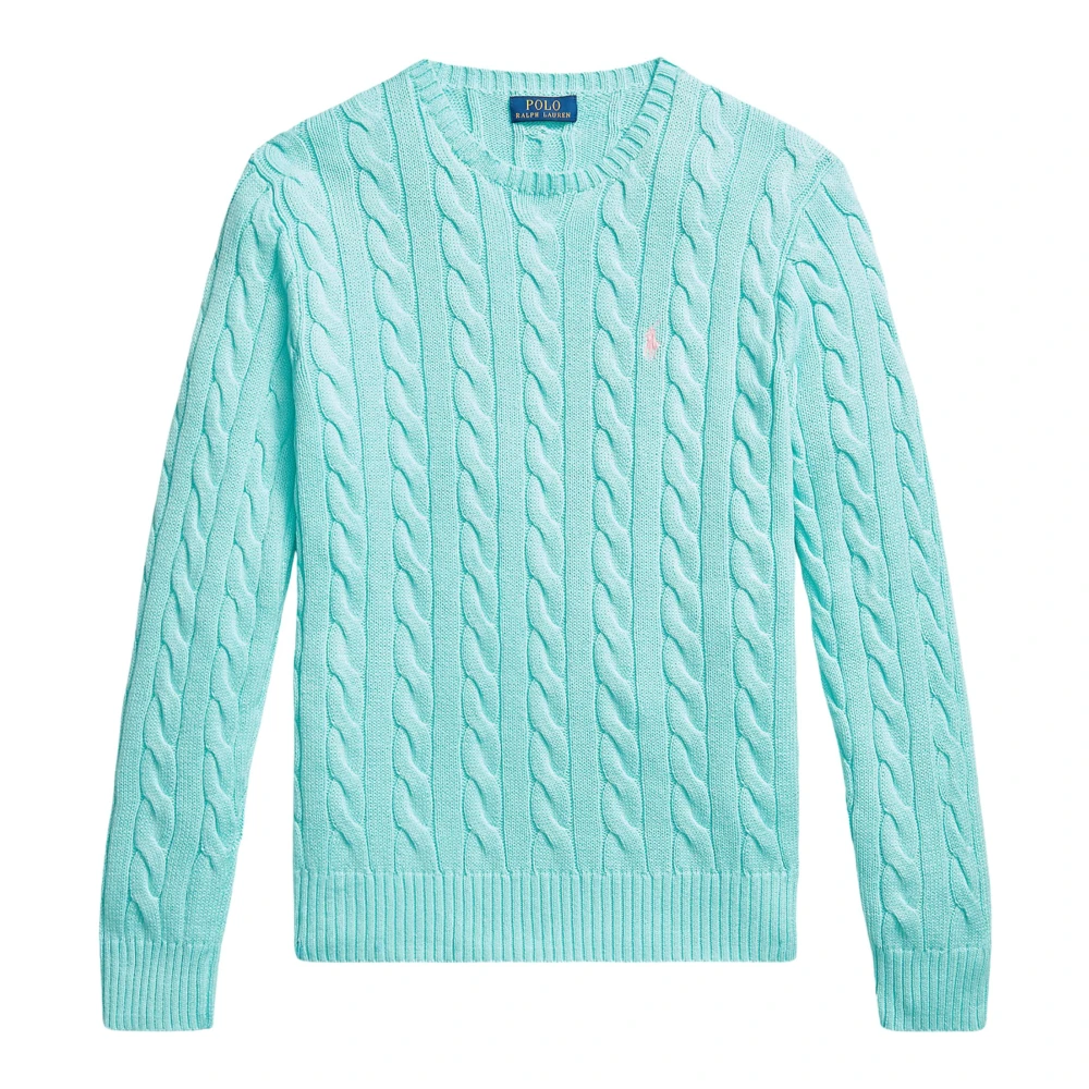Ralph Lauren Men's Blue Cable Knit Jumper With Logo - Round-Neck Knitwear - S - Knitwear