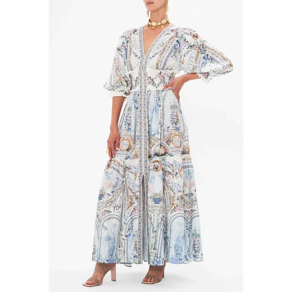 Camilla Ethereal Oceanische Lange Jurk met Gerimpelde Tailleband Multicolor Dames