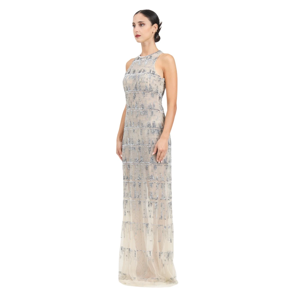 Elisabetta Franchi Pixel Effect Lange Wijd Uitlopende Jurk Gray Dames