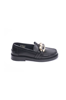 Svarta Läder Chain Mocassin Flats