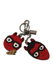 Red Leather Silver Tone Devil Studded Keychain