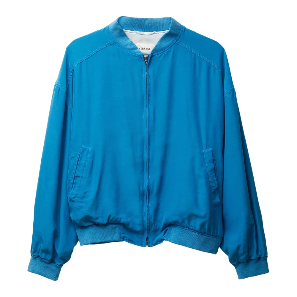 Versace Women's Blue Bomber Jackets, Xs, Silk Poplin Zip Blouson