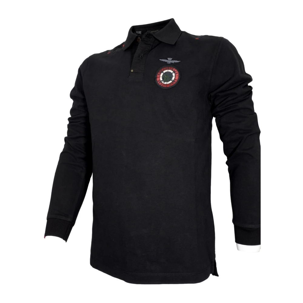 aeronautica militare Lange mouw militaire stijl polo zwart Black Heren