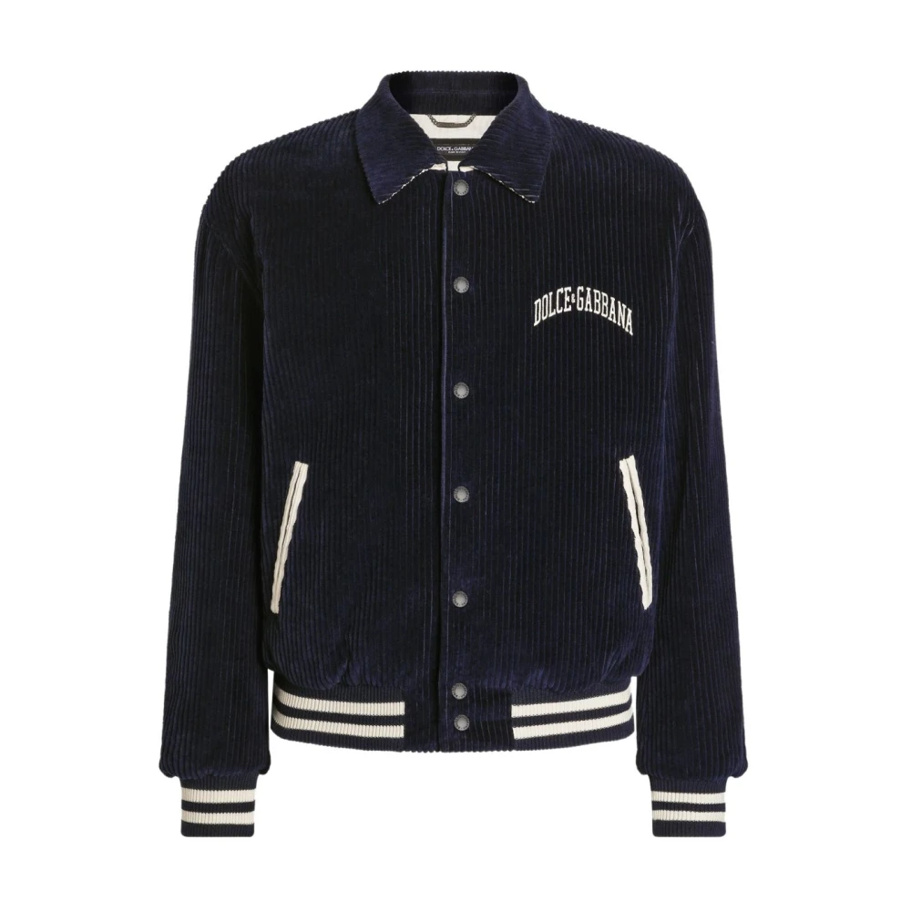Dolce & Gabbana Men's Blue Bomber Jackets,, Dark Velvet Ribbed Collar Coat Large