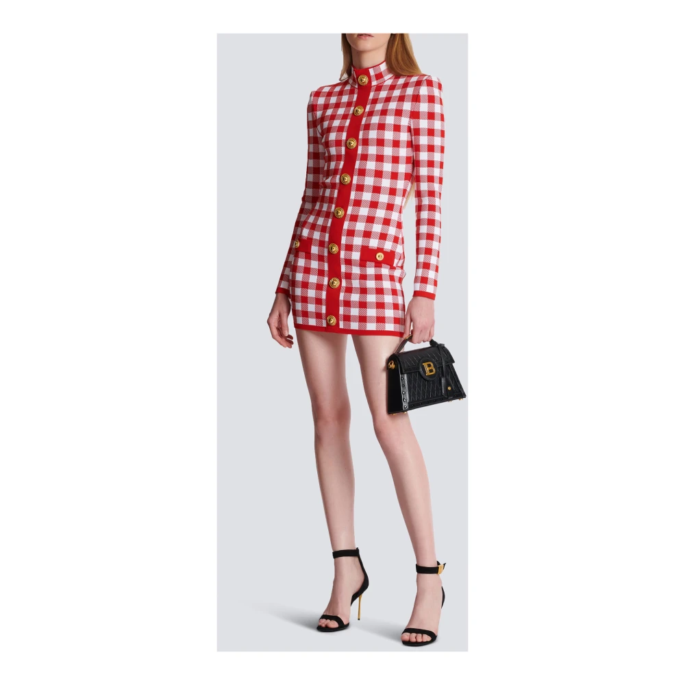 Balmain Gingham Fijngebreide Jurk Red Dames
