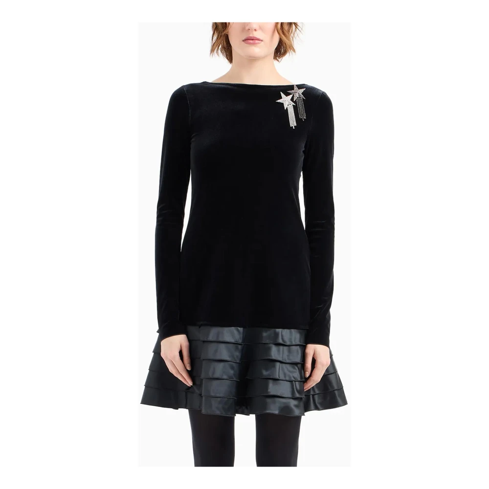 Emporio Armani Zwarte Jersey Boothals Jurk met Satijnen Ruches Black Dames