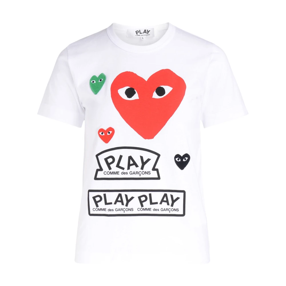 Comme des Garçons Play Wit T-shirt met rood hart en multicolor logo's White Dames