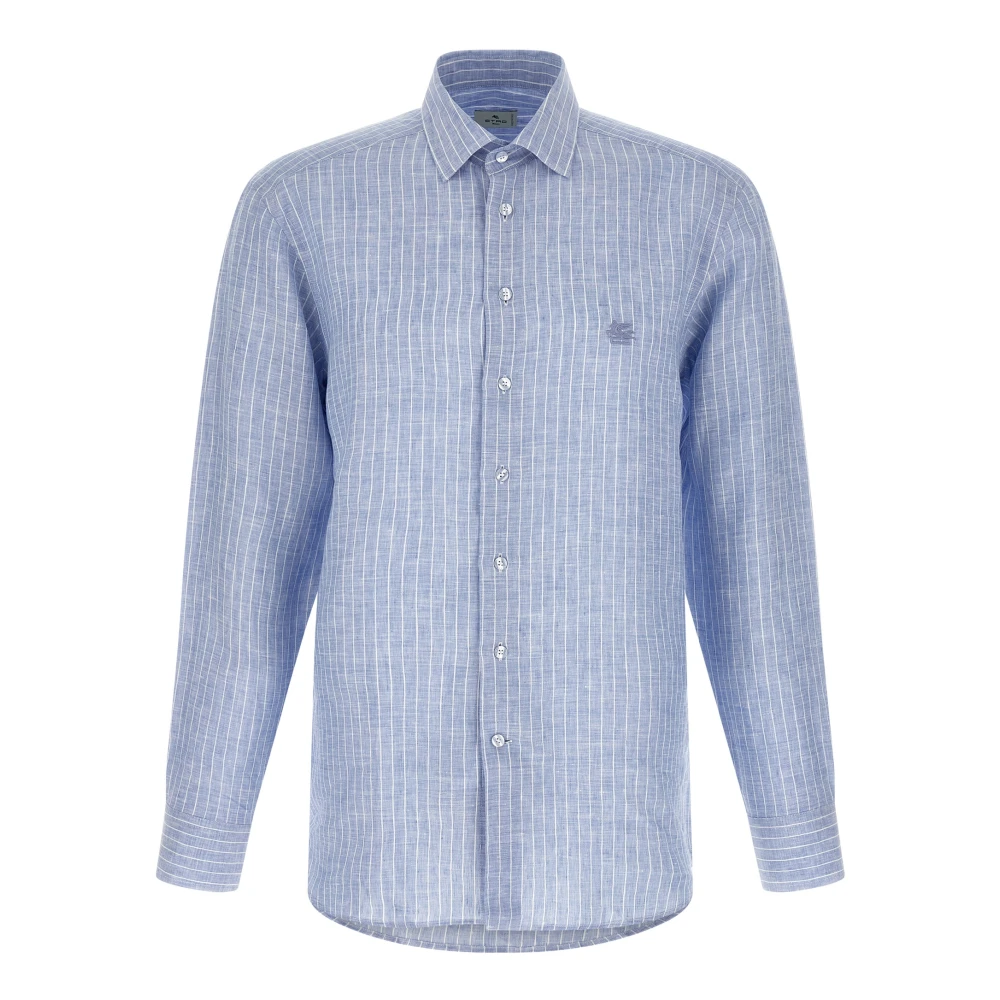 Etro Men's Blue Casual Shirts, M, Striped Linen Shirt