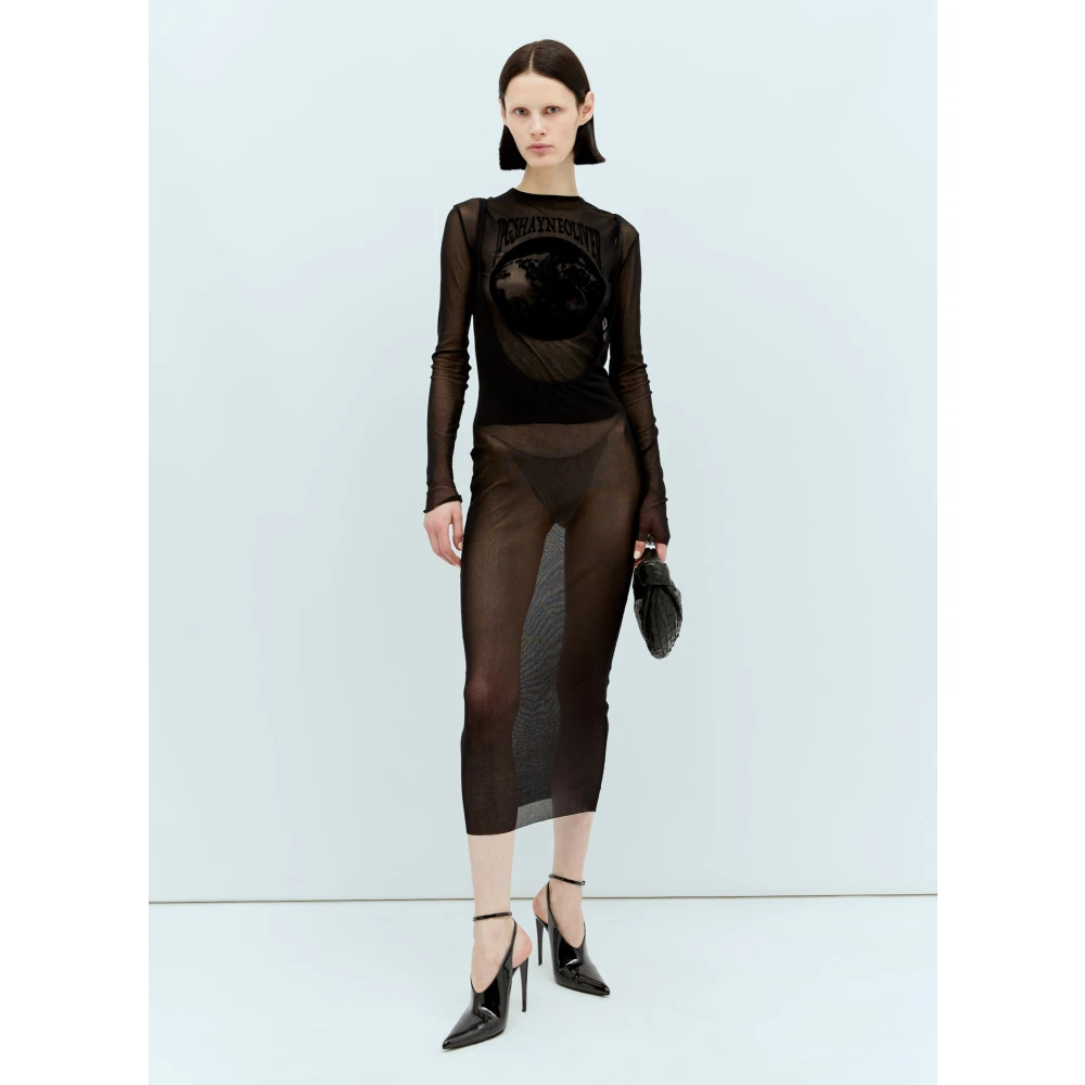Jean Paul Gaultier Doorschijnende Mesh Rugloze Jurk Ronde Hals Lange Mouwen Black Dames