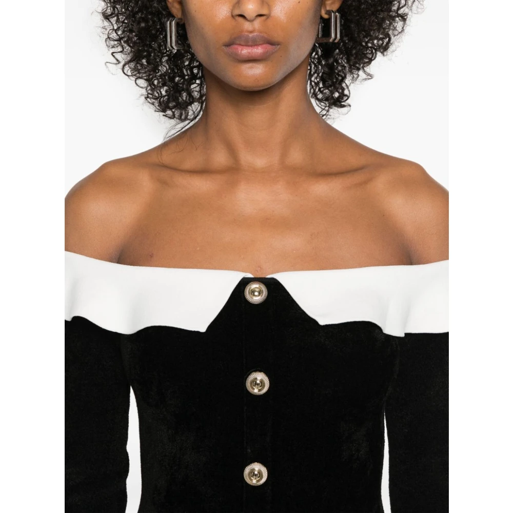 Self Portrait Zwarte top met lage hals en zakken Black Dames