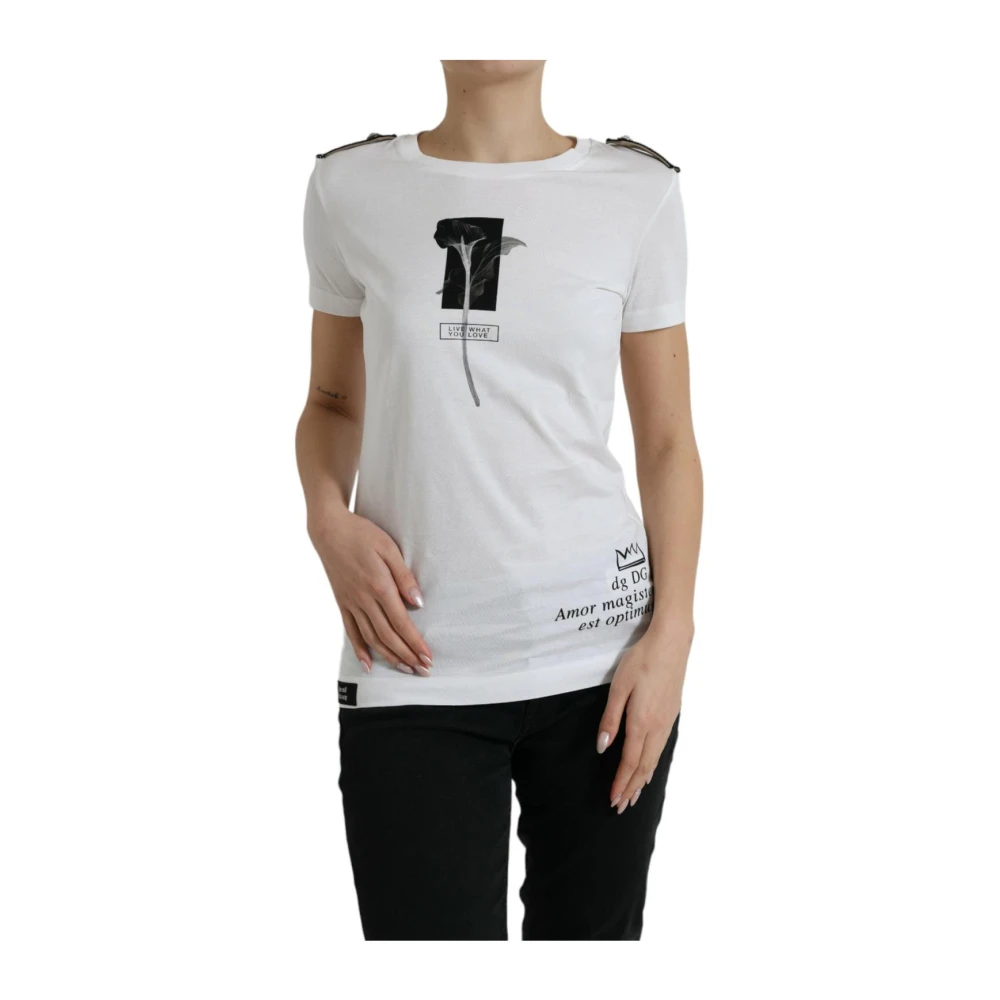 Dolce & Gabbana Women's White T-Shirts, 2XS, Rose Print Crewneck Cotton T-Shirt