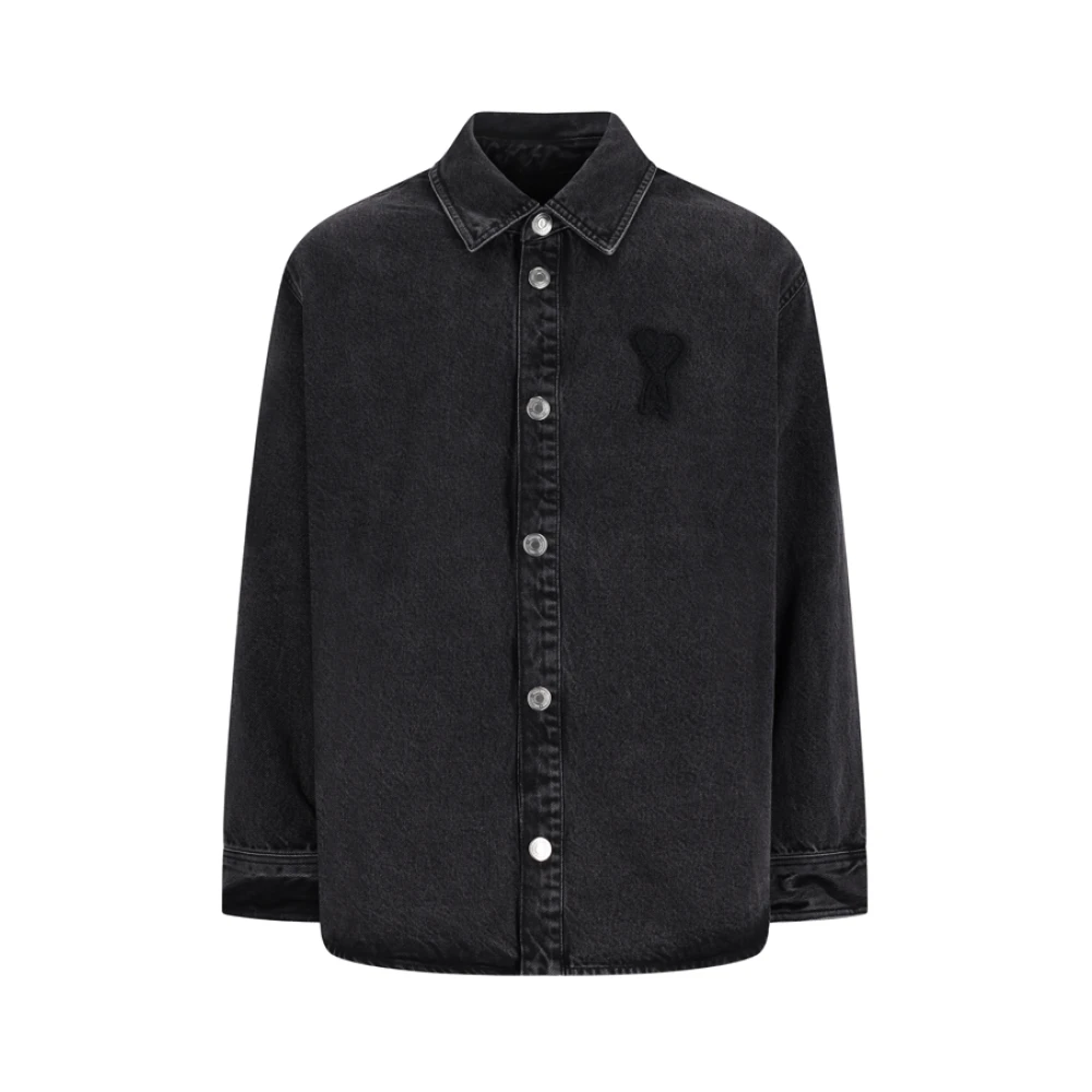 Ami Paris Men's Black Denim Jackets, M, Overshirt With Knitted Ami De Coeur