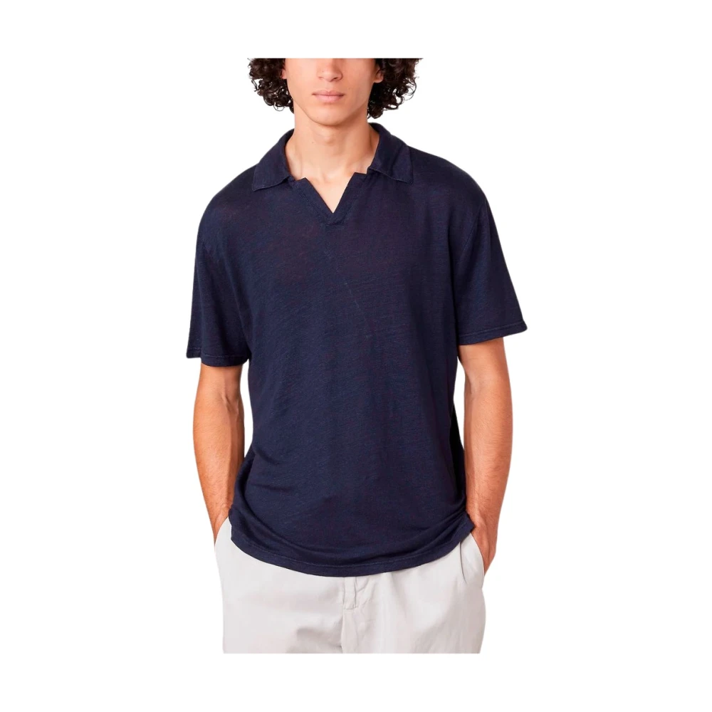 Officine Générale Navy Blue Linen Polo Shirt Blue Heren