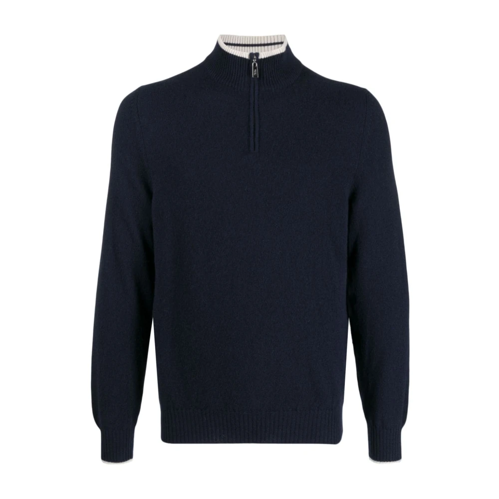 Fedeli Luxe Cashmere Half-Zip Gebreide Trui Blue Heren