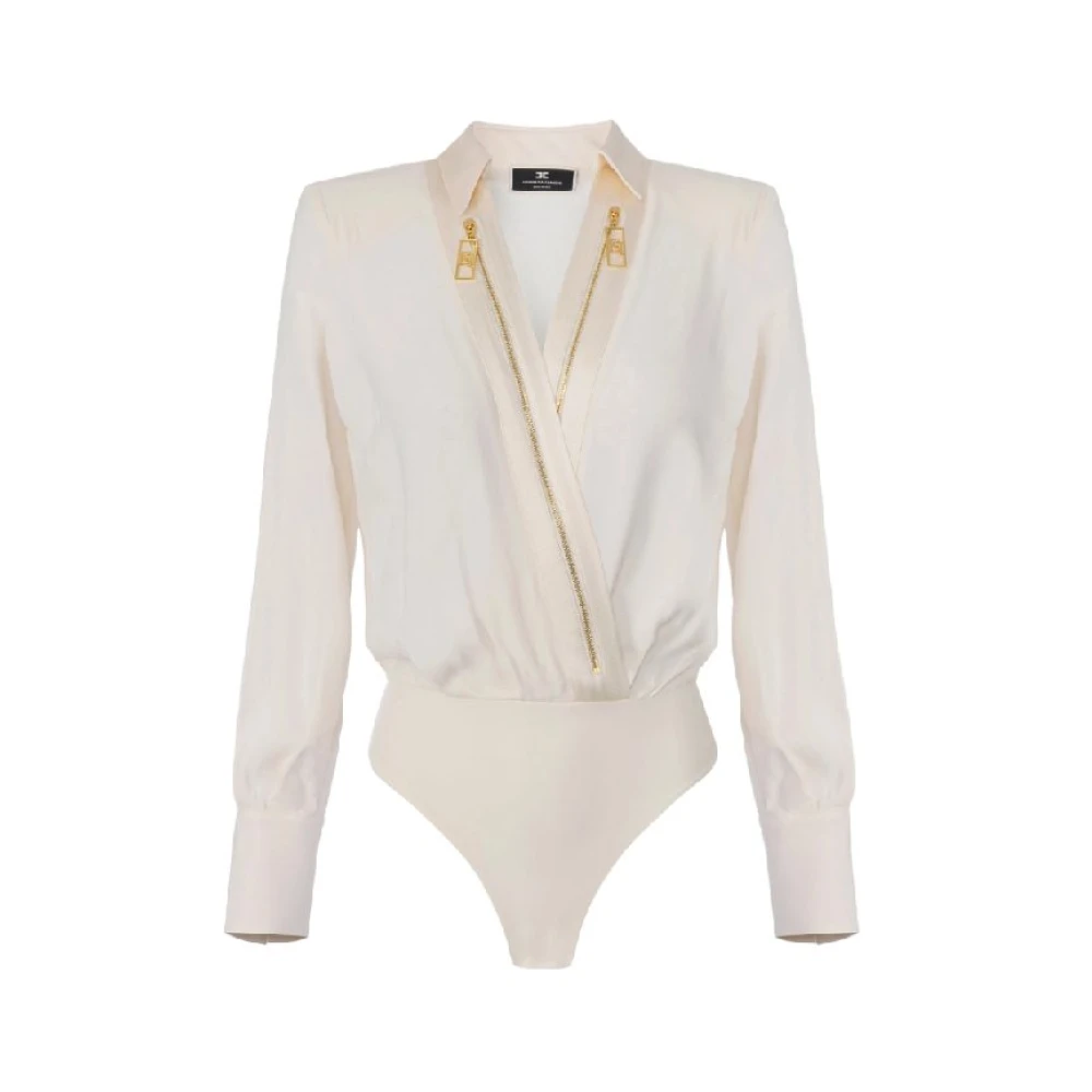 Elisabetta Franchi Georgette en satijnen bodyshirt met rits Beige Dames