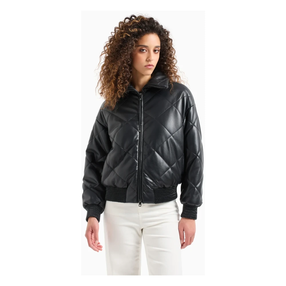 Emporio Armani Nep leren jas met hoge kraag Black Dames