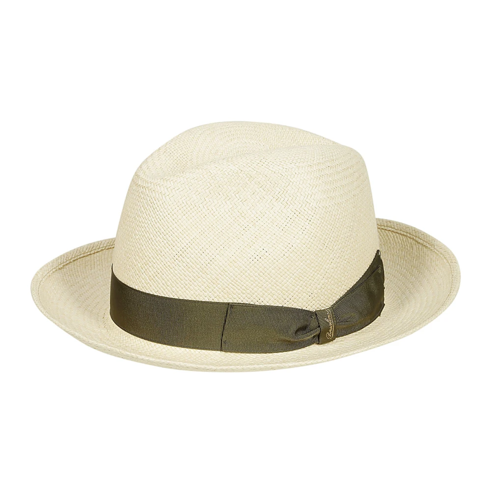 Borsalino Witte Stro Panama Hoed met Logo Beige Heren