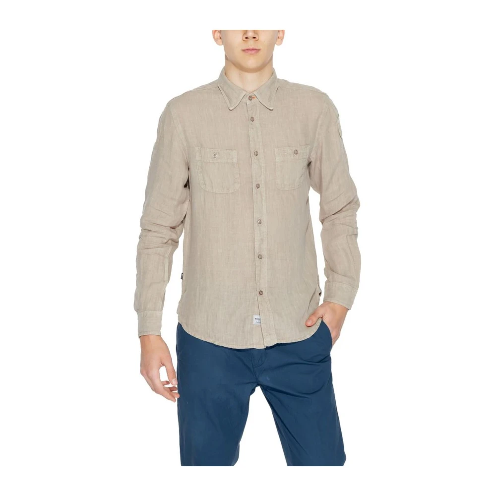 Blauer Beige Linnen Overhemd met Lange Mouwen Beige Heren