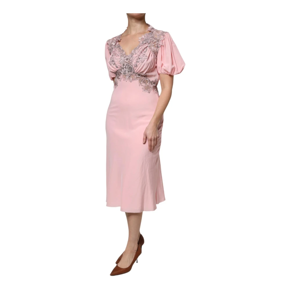Ermanno Scervino Roze zijden midi-jurk met kant Pink Dames