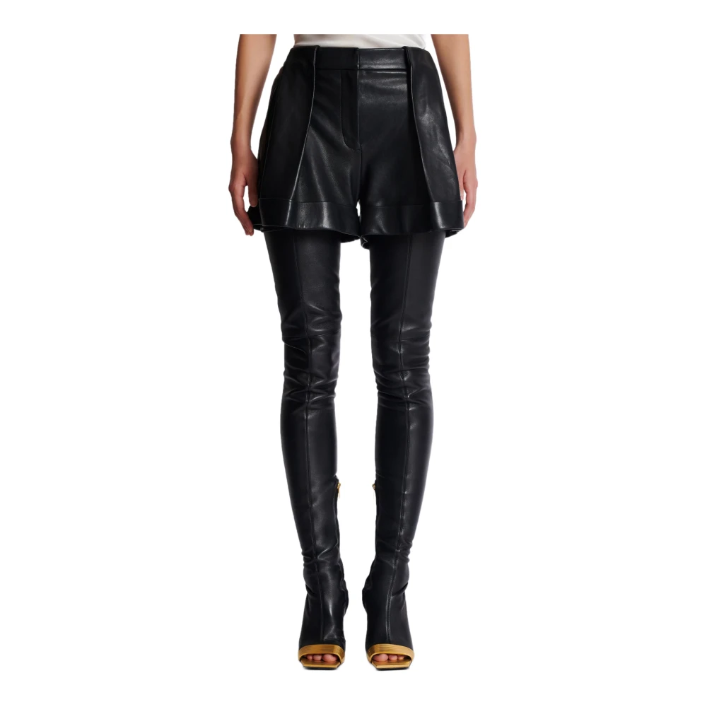 Balmain Geplooide lamsleren shorts Black Dames