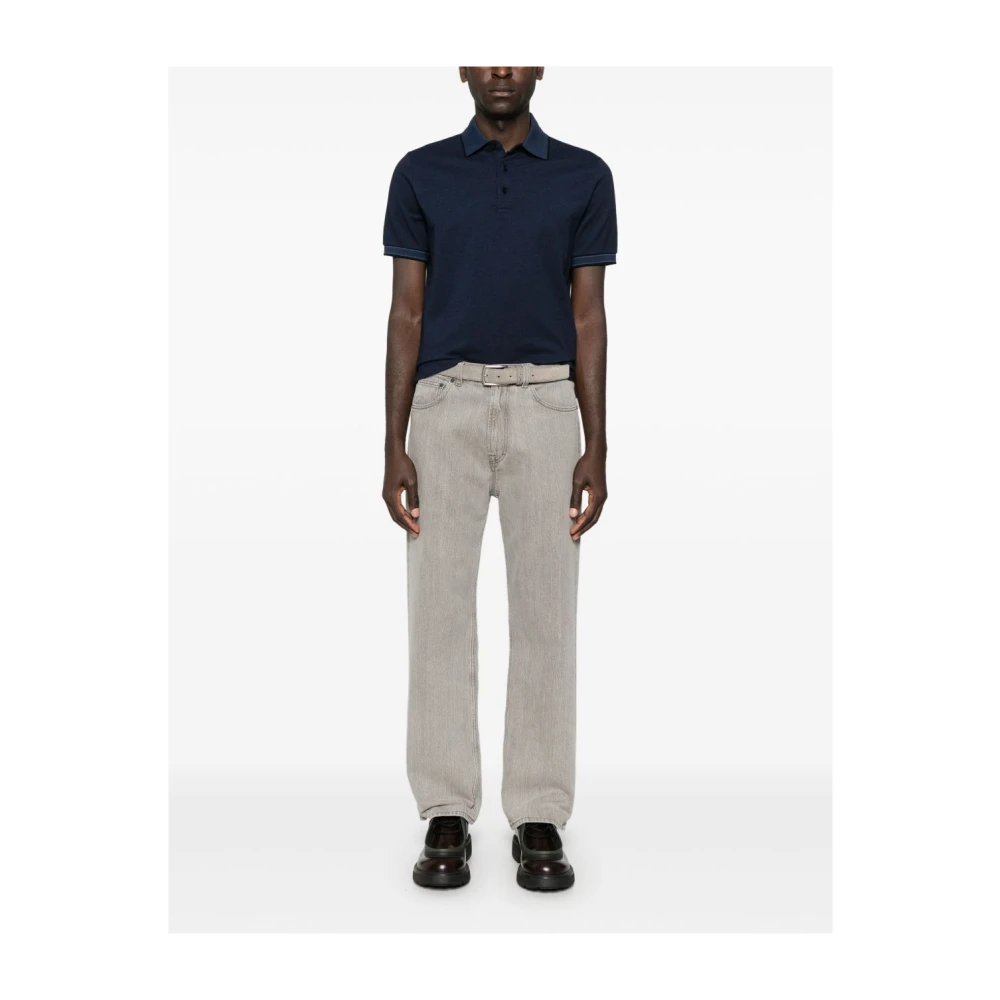 Canali Navy Blauw Gestreepte Korte Mouw Polo Blue Heren