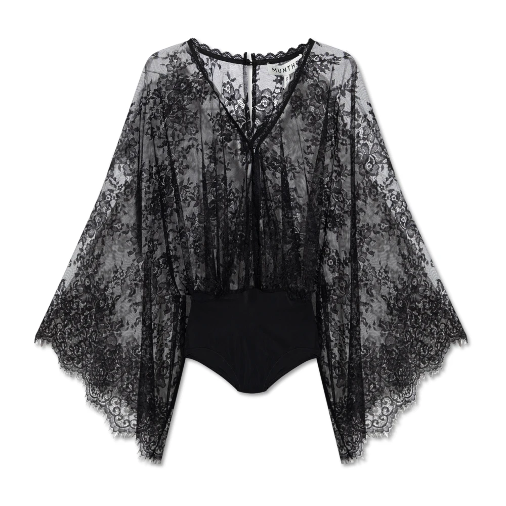 Munthe Elegante kantmouw V-hals top Black Dames