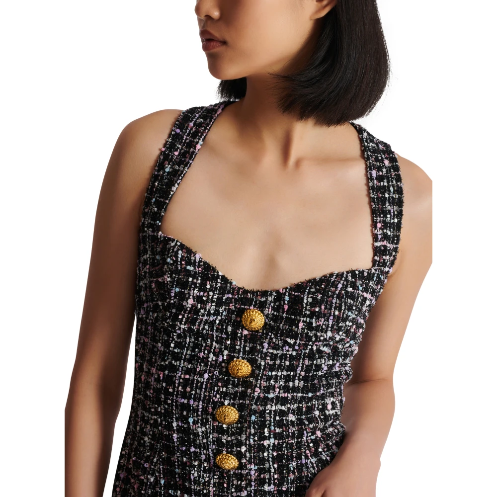 Balmain Korte tweedjurk met knopen Black Dames