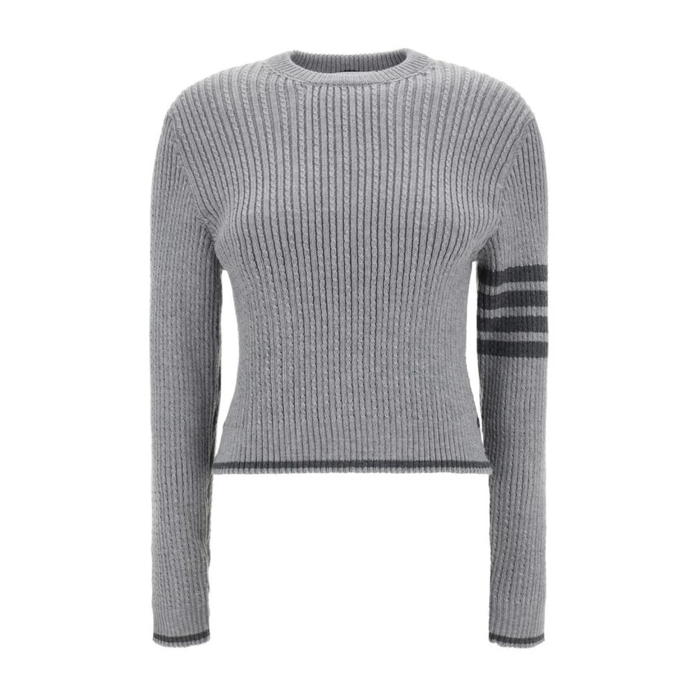 Thom Browne Geribbelde Korte Wollen Trui met Zijgleuven Gray Dames