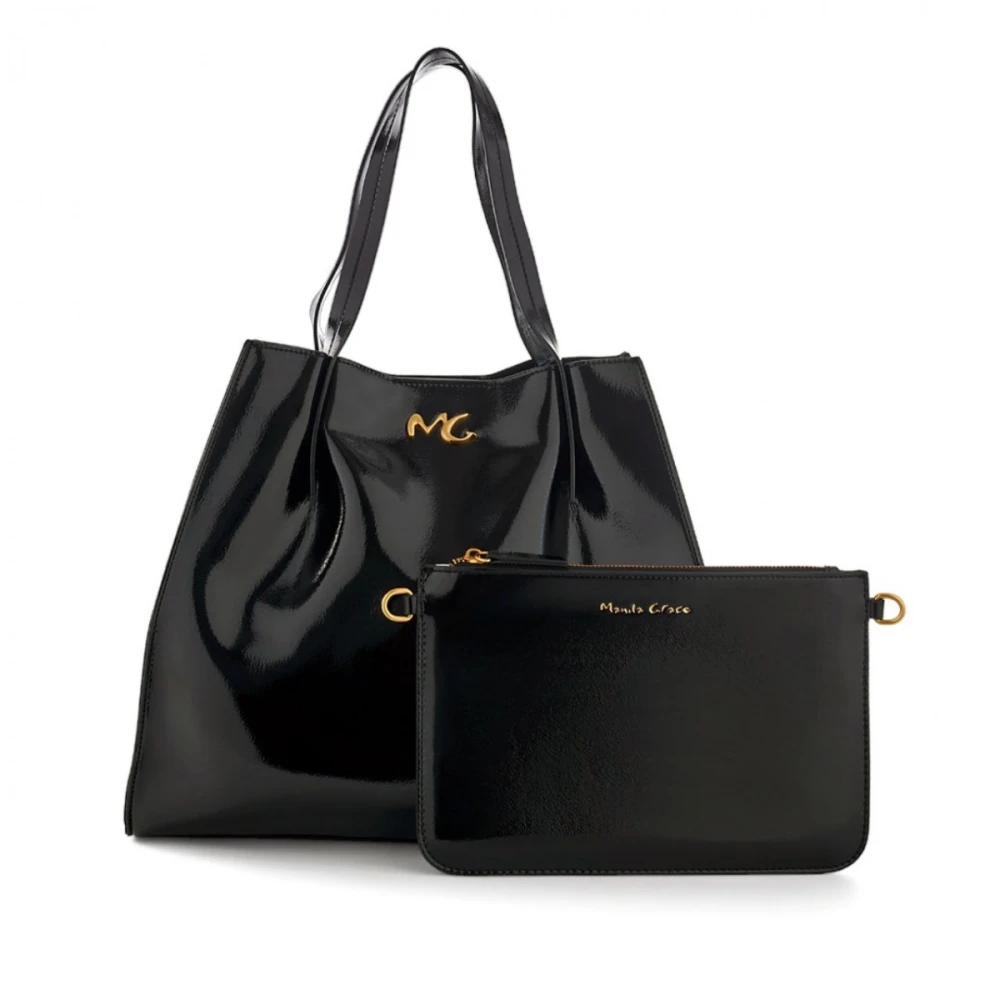Manila Grace Glanzende Shopper Tas met Afneembare Band Black Dames