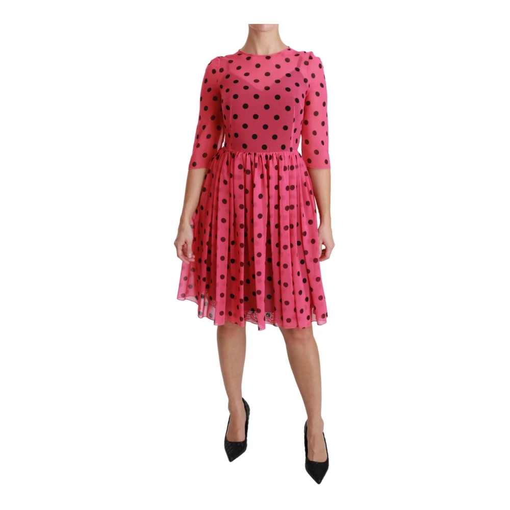 Dolce & Gabbana Plisserad A-linje Knelång Klänning med Polka Dots Pink, Dam