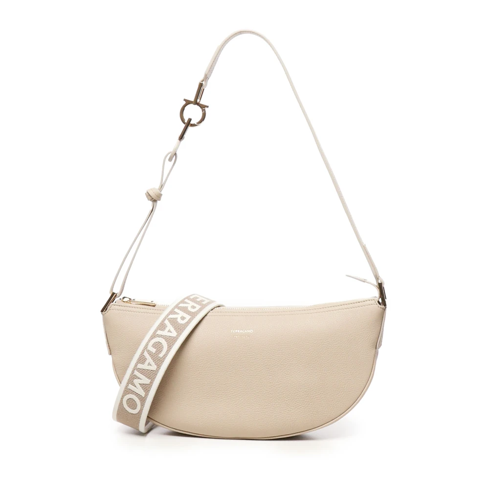 Salvatore Ferragamo Beige Schoudertas met Metalen Rits Beige Dames
