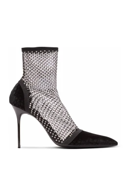 Ankelboots med klack i mesh med sammet och strass