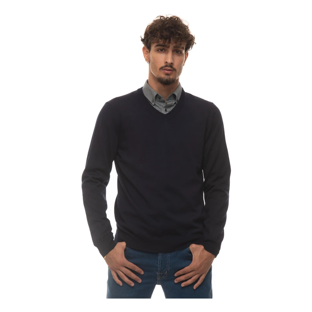 Boss Plain V-Neck wollen trui Blue Heren