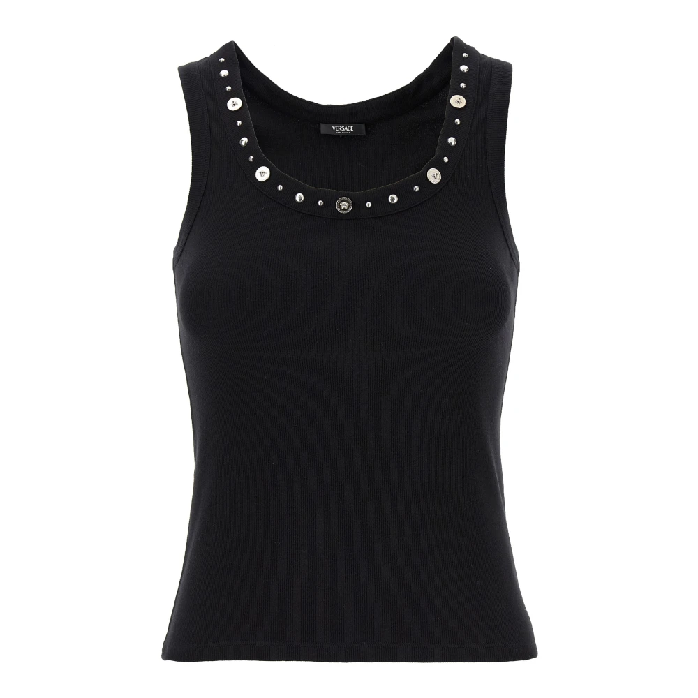 Versace Women's Black Ribbed Stretch Cotton Tank Top - Sleeveless Tops - L - Tops