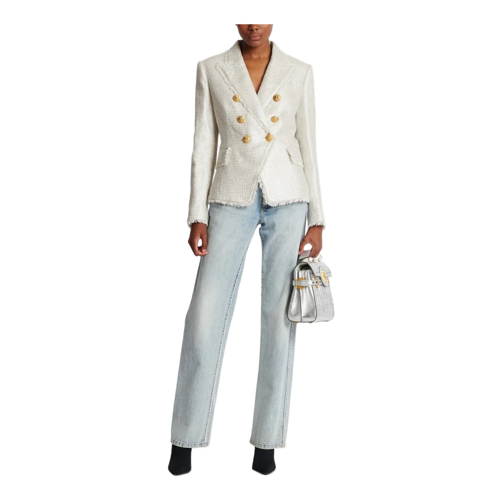 Balmain Double-breasted Tweed Jas Gray Dames