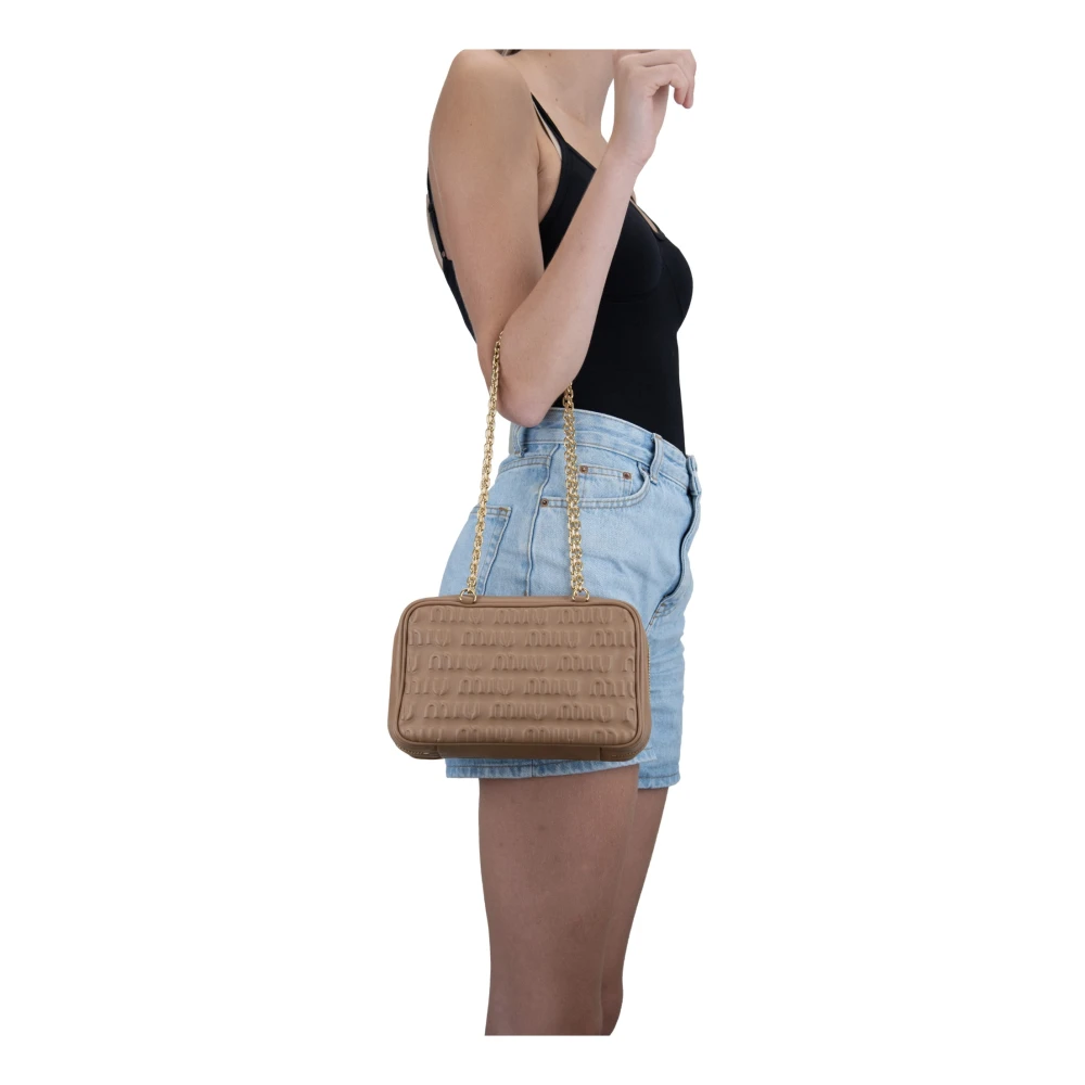 Miu Leren schoudertas met merkmotief Beige Dames