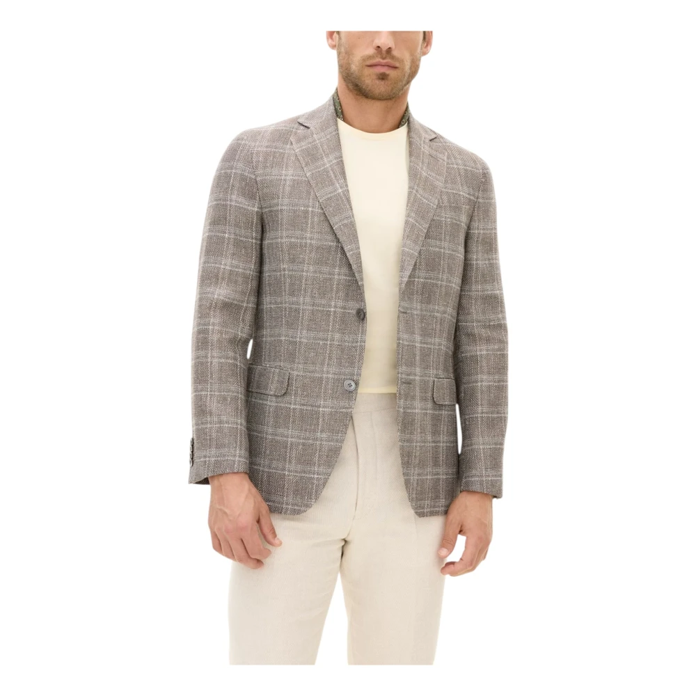 Oscar Jacobson Beige Geruit Gestreepte Blazer Regular Fit Gray Heren