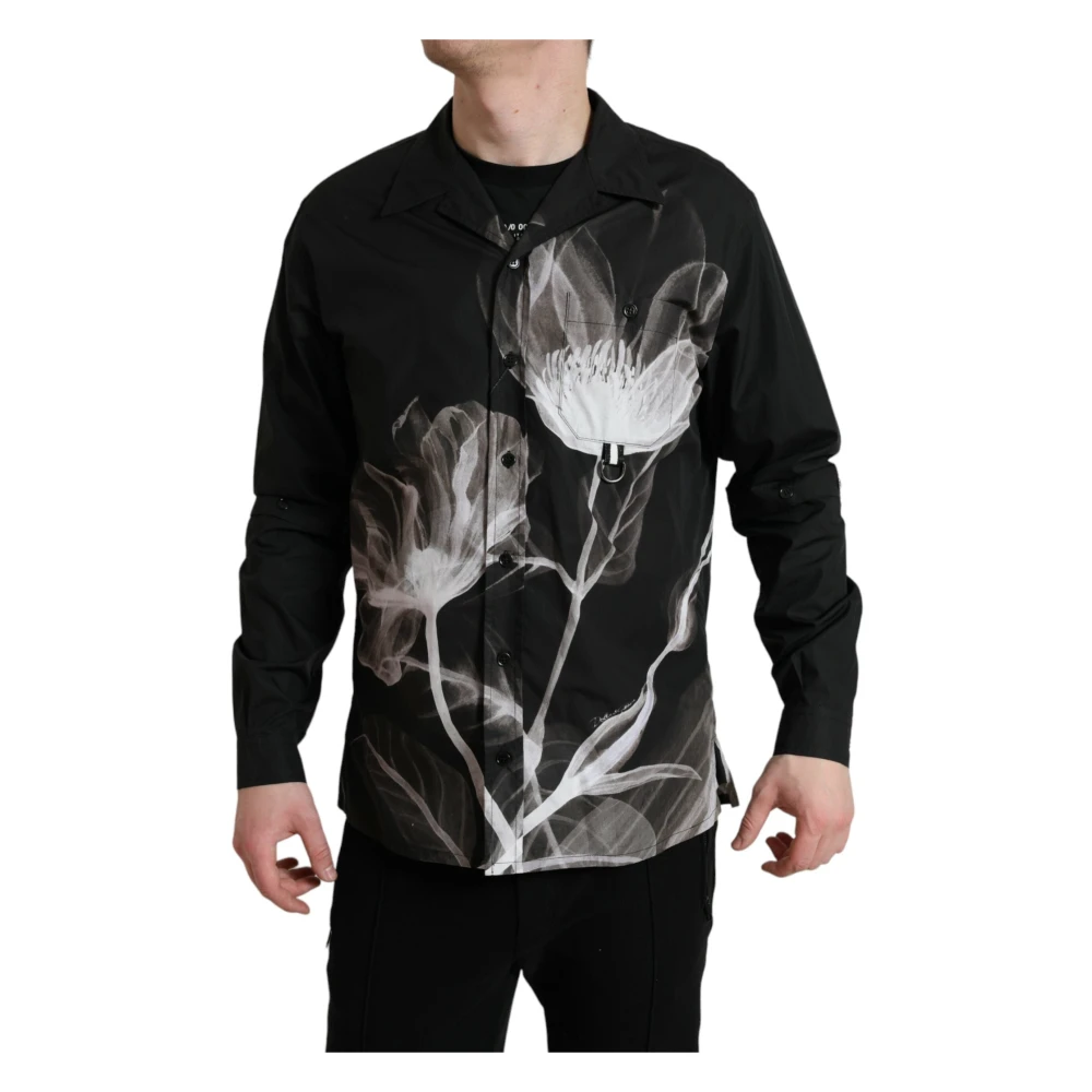 Dolce & Gabbana Casual Shirts, Male, L, Floral Cotton Collared Long Sleeves Men Shirt Black