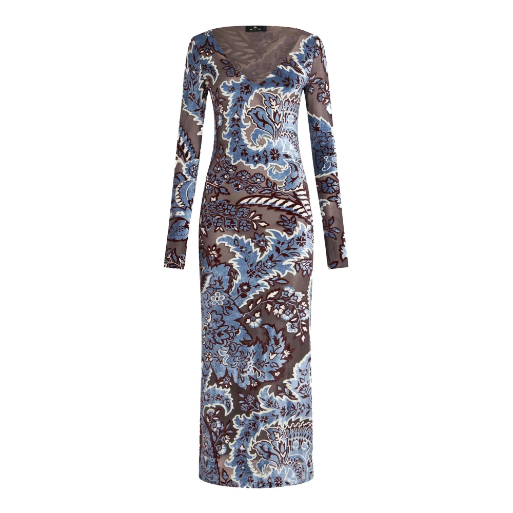 ETRO Heldere Blauwe Bloemen Paisley Fluweel Jurk Multicolor Dames