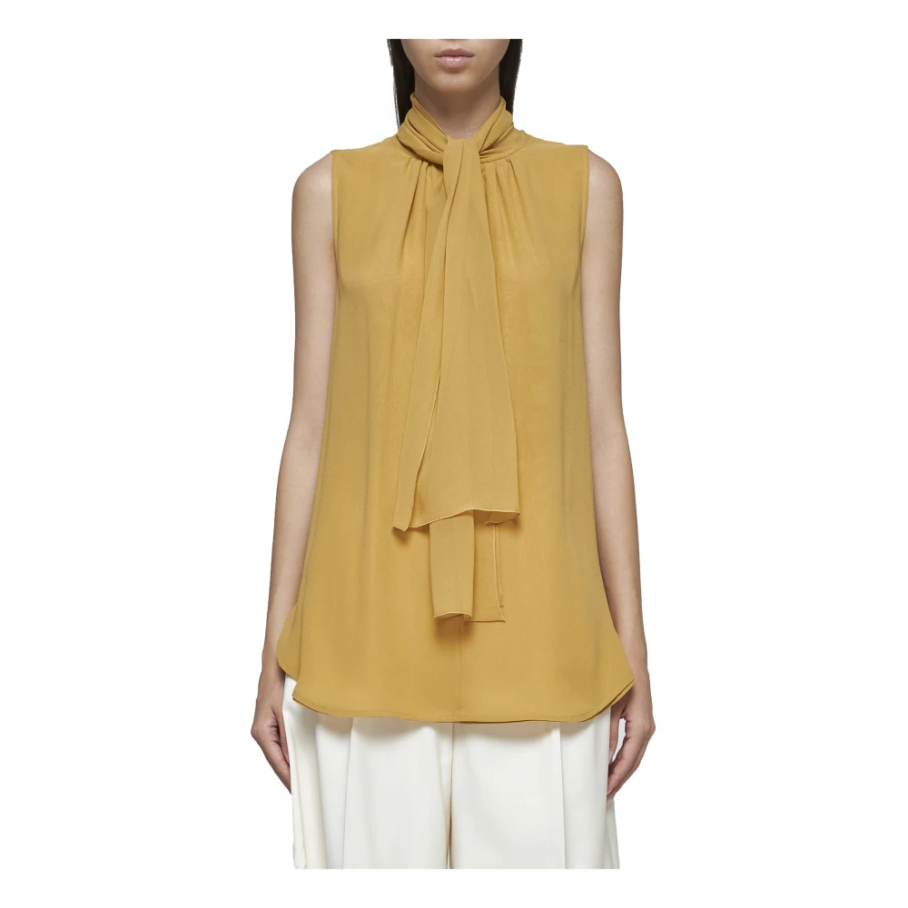 Max Mara Gouden Zijden Georgette Strik Blouse Beige Dames