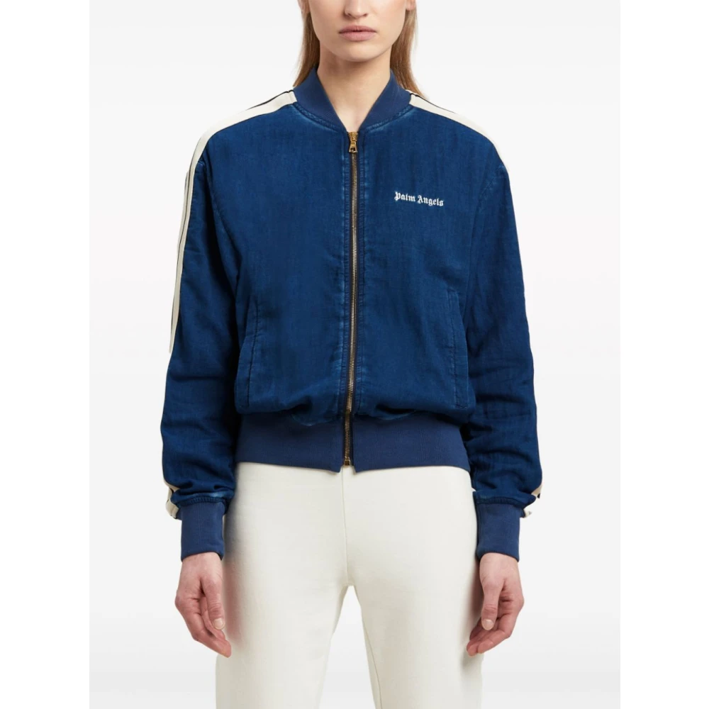 Palm Angels Blauwe Chambray Bomberjack Blue Dames