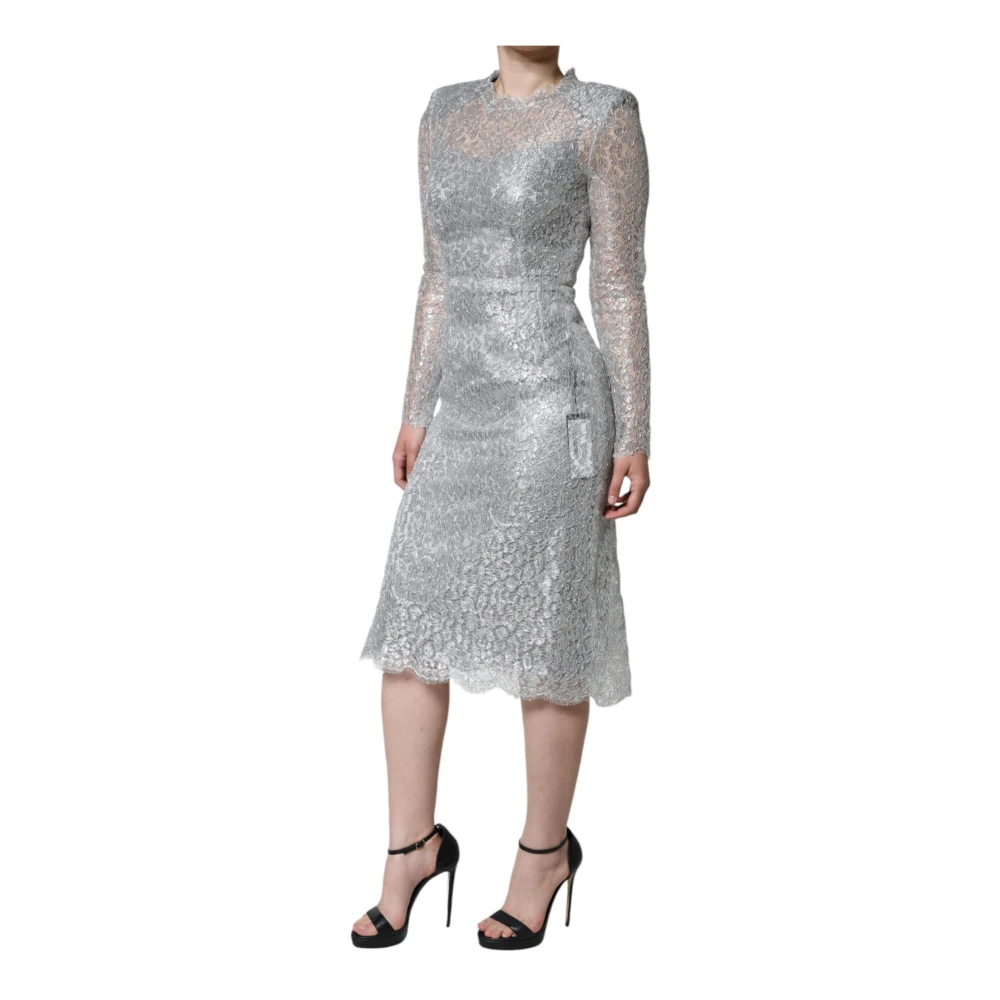 Dolce & Gabbana Zilveren Bloemenkant Sheath Midi Jurk Gray Dames