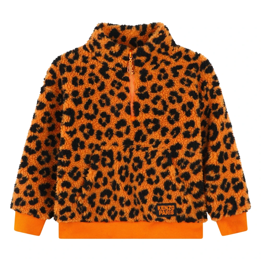 Kenzo Boys Orange Fleece Jackets, 12 Y, Leopard Half Zip Sweatshirt